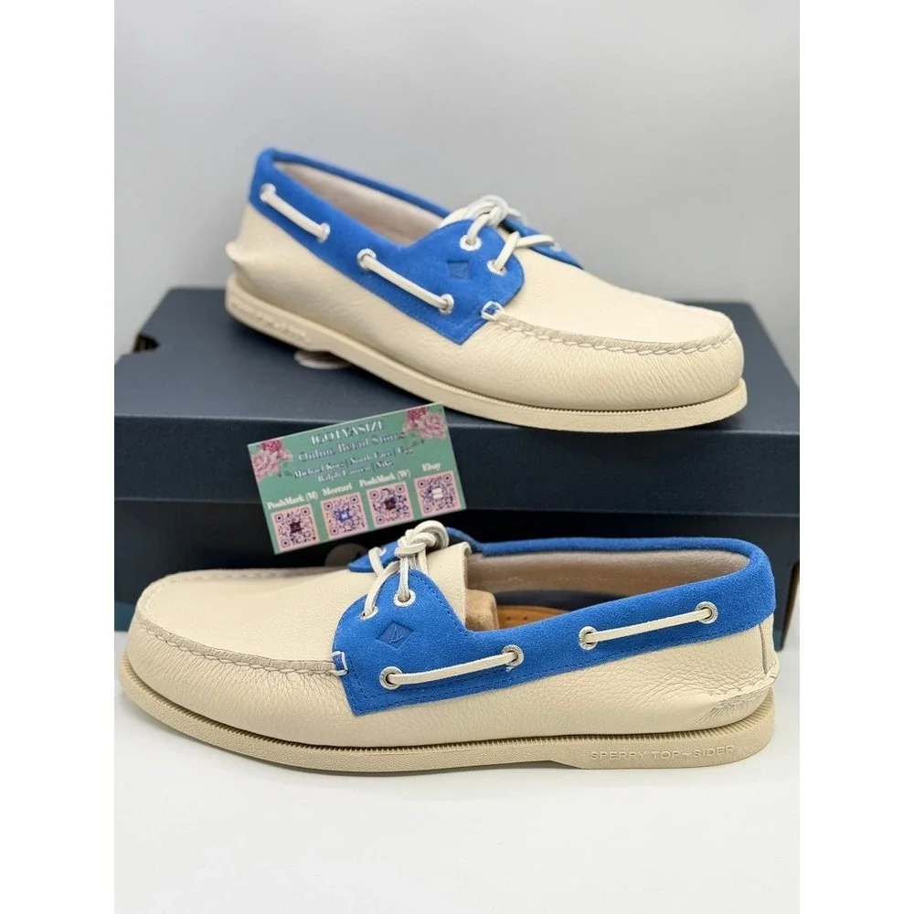 Sperry Top-Sider Authentic‎ Original Mens Cream Blue Leather Suede Boat Shoes